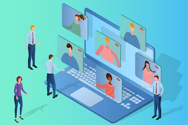 Konferensi videoKonsep mengadakan konferensi video daringOrang-orang menggunakan laptop untuk berkomunikasi