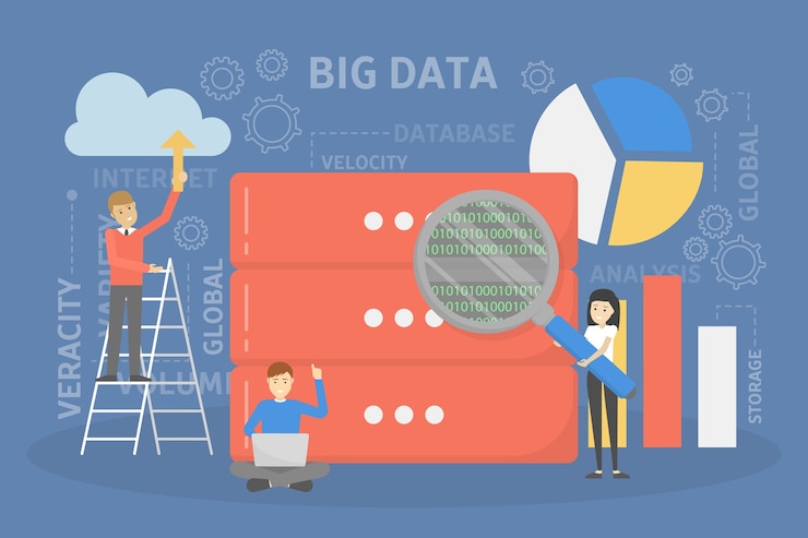 Vector konsep data besar. teknologi komputer modern. menganalisis informasi digital dari internet dan membuat keputusan bisnis yang lebih baik. ilustrasi