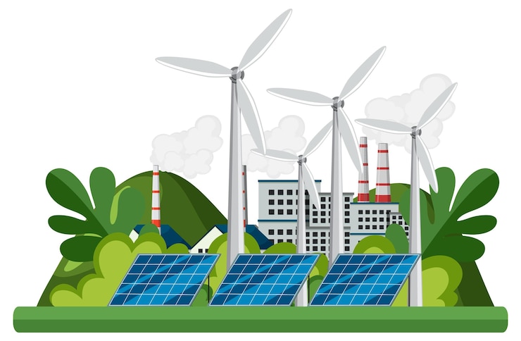 Vector konsep energi hijau dengan panel surya dan turbin angin
