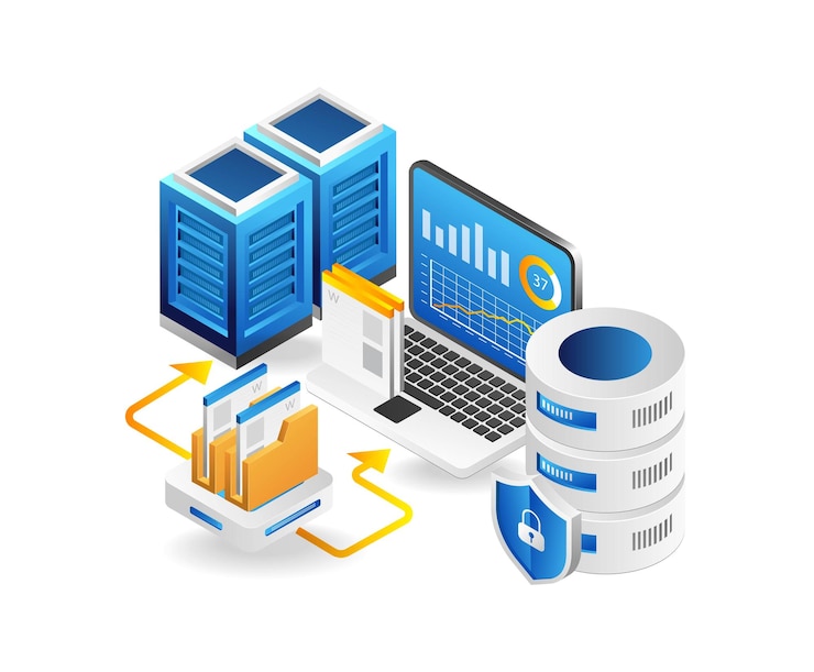 Vector konsep ilustrasi isometrik 3d tentang pemeliharaan server web hosting data besar