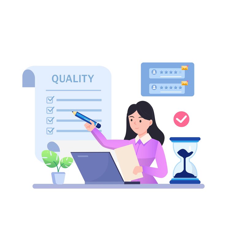 Vector konsep kontrol kualitas vektor orang-orang bisnis mengonfirmasi dan memberikan sertifikasi pada produk berkualitas sesuai dengan iso 9001