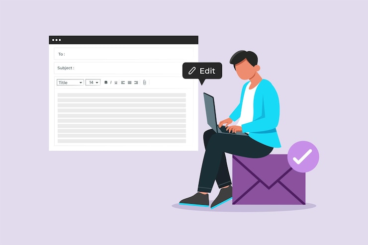 Vector konsep mengetik teks pekerjaan komputer memposting ilustrasi vektor datar berwarna yang diisolasi