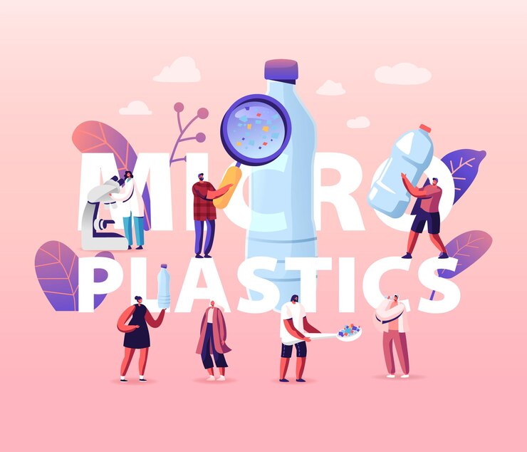 Vector konsep mikroplastik di air dan makanan. polusi laut global. masalah. ilustrasi kartun