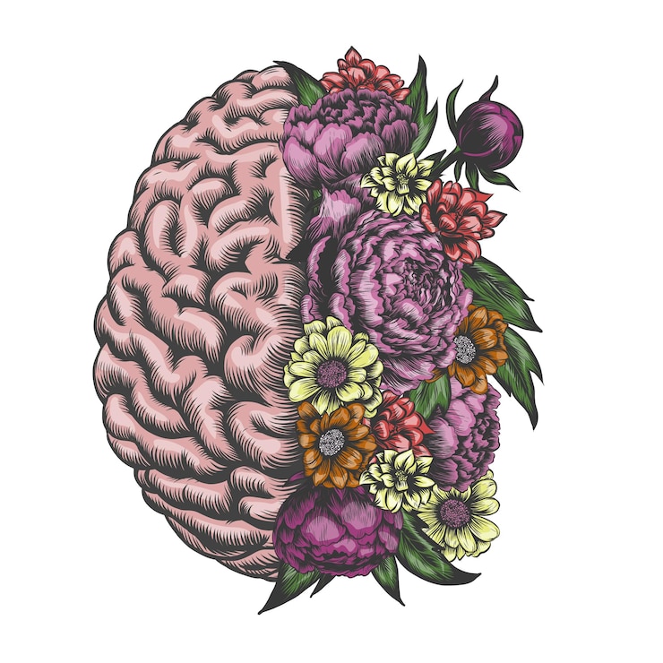 Konsep otak setengah dan bunga digambar tangan untuk Kesehatan Mental Otak Floral Otak dengan Bunga Liar