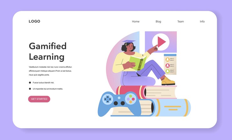 Vector konsep pembelajaran gamifikasi seorang siswa muda berinteraksi dengan alat pembelajaran digital