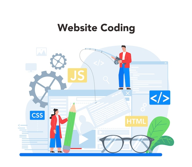 Konsep pengembangan frontend peningkatan desain antarmuka situs web pemrograman, pengkodean, dan pengujian halaman web profesi TI Ilustrasi vektor datar terisolasi