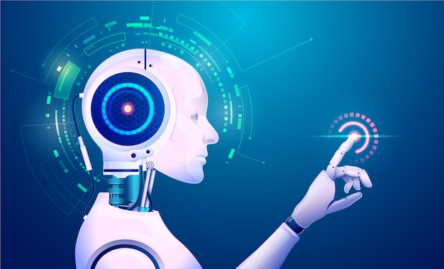 Konsep teknologi pembelajaran mesin, Grafik kecerdasan buatan atau AI yang mengarah pada elemen futuristik
