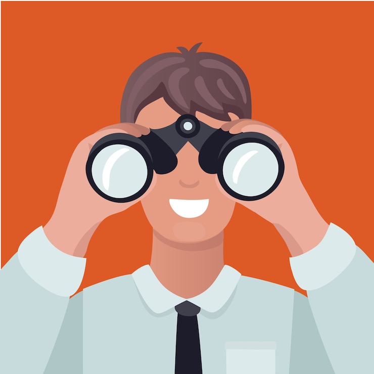 Vector konsep visi bisnis. pria melihat melalui teropong dan melihat grafik