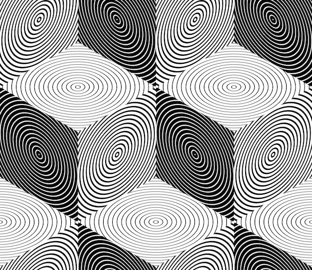 Kontraskan pola seamless simetris hitam dan putih dengan gambar jalinan. Komposisi geometris berkelanjutan, untuk digunakan dalam desain grafis.