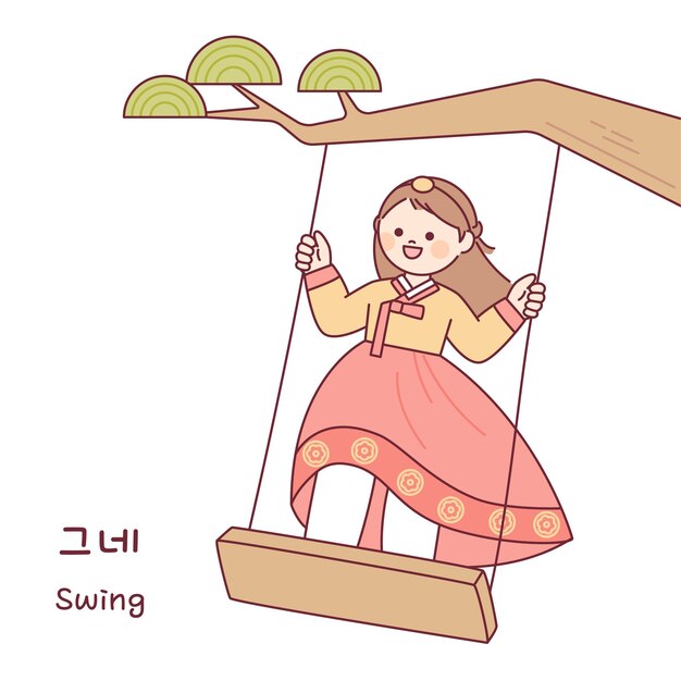 Korean traditional play A girl wearing a hanbok is riding on a swing hanging from a tree