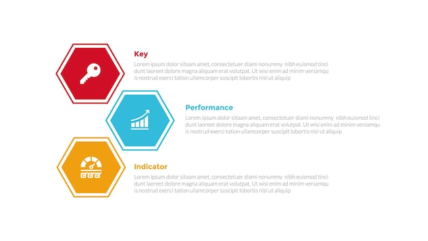 KPI key performance indicator infographics template diagram with hexagon stack unbalance with 3 point step design for slide presentation