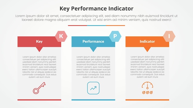 KPI key performance indicator model infographic concept for slide presentation with big table arrow header badge with 3 point list with flat style