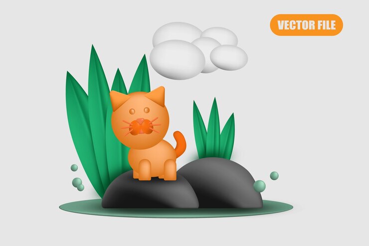 Vector kucing lucu di ilustrasi taman, vektor 3d
