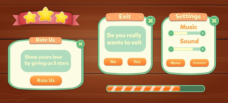 Vector kumpulan aset game berupa tombol menu, latar belakang layar, layar popup, dan tombol pengaturan