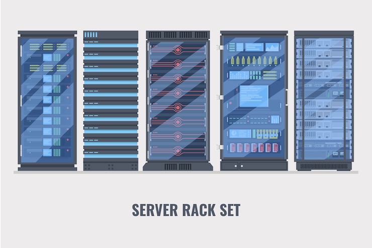Vector kumpulan berbagai rak server kartun, koleksi ruang rak server