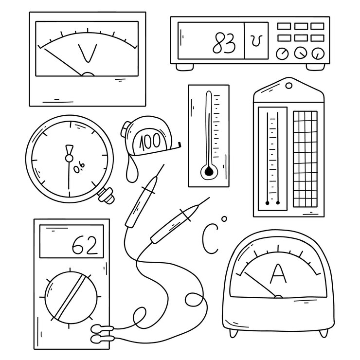 Vector kumpulan instrumen metrologi dalam gaya coretan ilustrasi vektor instrumen pengukur linear