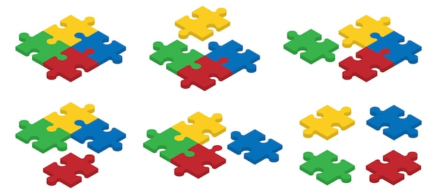 Kumpulan potongan puzzle isometrik Konsep pemecahan masalah atau tantangan komunikasi tim Ilustrasi vektor