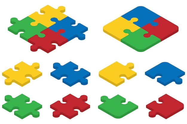 Kumpulan potongan puzzle isometrik Konsep pemecahan masalah atau tantangan komunikasi tim Ilustrasi vektor