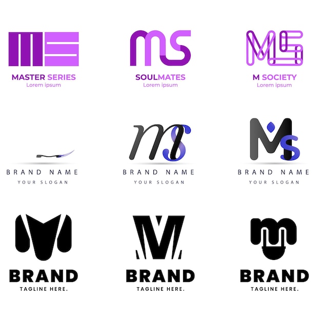 Kumpulan vektor desain logo huruf M. Koleksi desain huruf M modern dalam warna-warni
