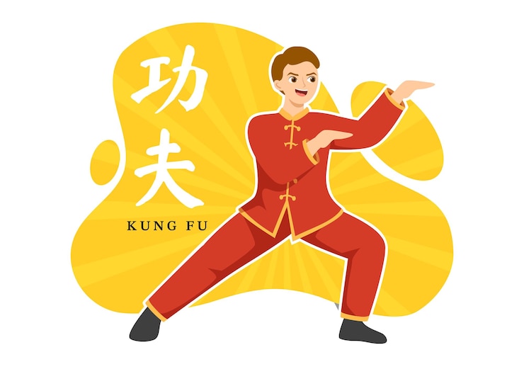 Vector kung fu illustration with people showing chinese sport martial art in cartoon hand drawn templates