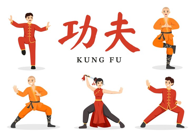 Vector kung fu illustration with people showing chinese sport martial art in cartoon hand drawn templates