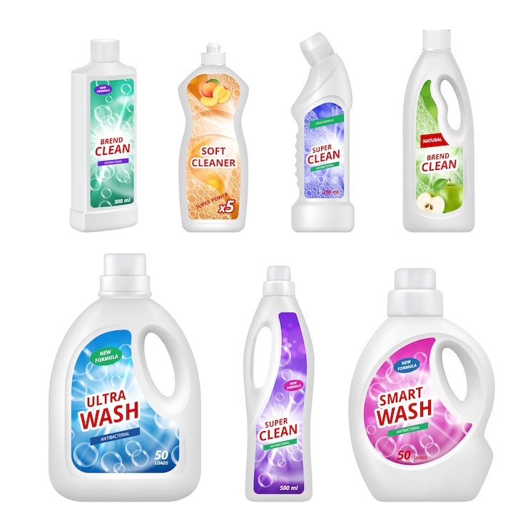 Vector labels for chemical bottles. realistic of plastic bottles for various chemical liquids