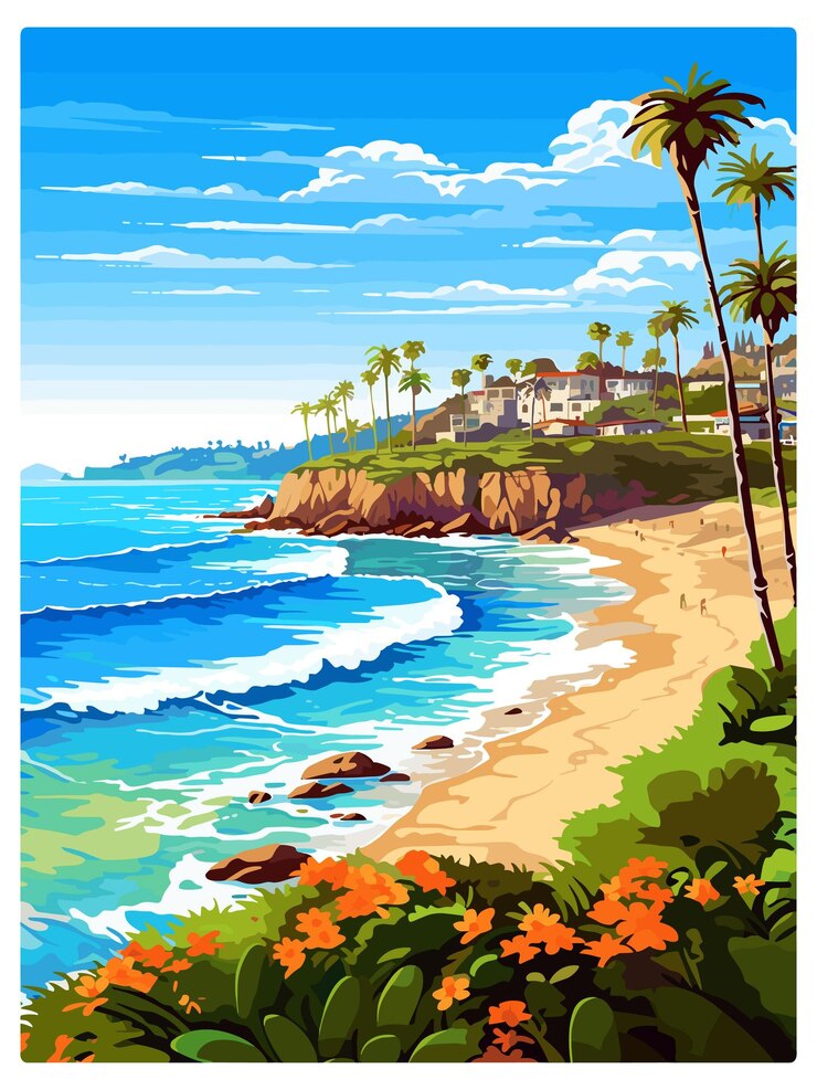 Vector laguna beach california vintage travel poster souvenir postcard portrait painting wpa illustration