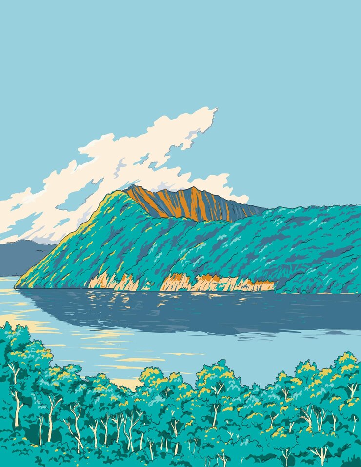 Vector lake mashu in akan mashu national park japan ukiyoe retro woodblock style