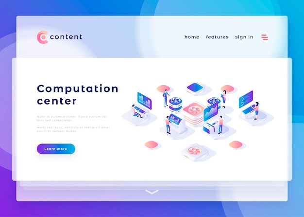 landing page template for computation center office people and interact with computers vector illustration
