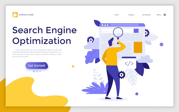 landing page template with man looking at query in web browser bar through loupe concept of seo or search engine optimization online marketing strategy modern flat vector illustration for website