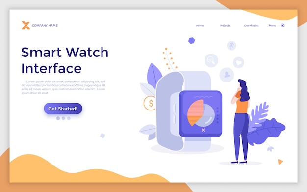 landing page template with woman looking at smart watch with digital indicators on screen concept of electronic gadget wearable hitech device accessory modern flat vector illustration for website