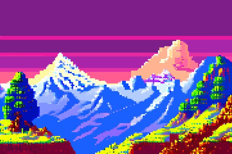 Vector landscape 8bit pixel art summer natural landscape mountain scenery arcade video