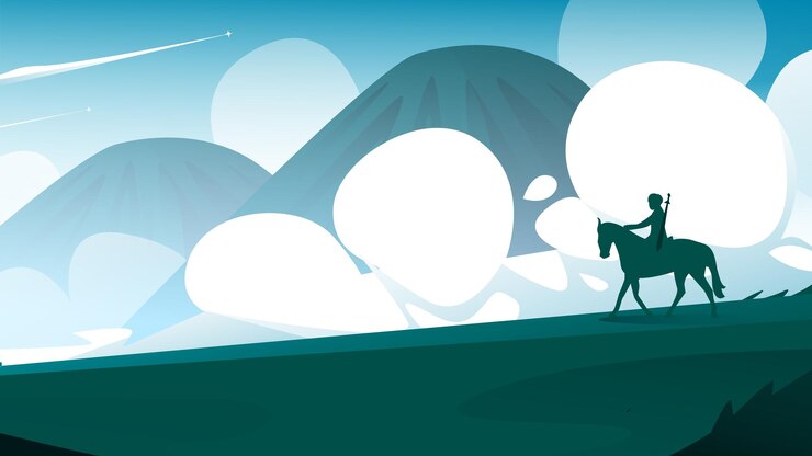 Vector landscape mountain vector illustration with grass and horses