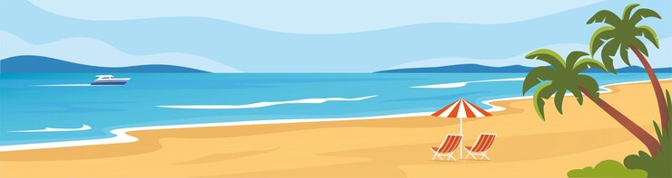 Vector lanskap pantai dengan latar belakang musim panas laut dan pohon palem pegunungan tepi laut di cakrawala