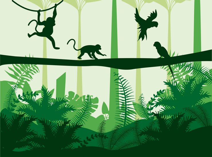 Vector lanskap warna hijau alam liar hutan dengan suasana monyet dan burung beo