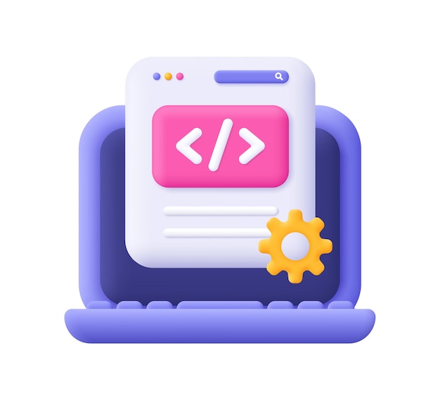 laptop and web page with code symbol and gear cogwheel 3d vector icon