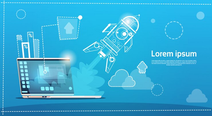 Vector laptop computer space rocket startup development concept