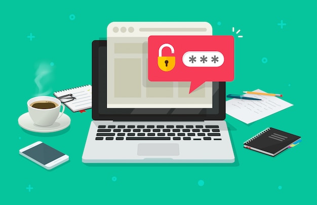 Laptop computer with password notification and lock icon  flat cartoon