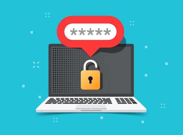 Laptop dengan ikon login akun dalam gaya datar. Ilustrasi vektor halaman formulir kata sandi di latar belakang terisolasi. Konsep bisnis tanda otorisasi pengguna