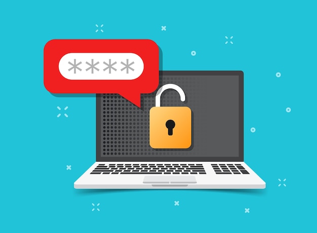Laptop dengan ikon login akun dalam gaya datar. Ilustrasi vektor halaman formulir kata sandi di latar belakang terisolasi. Konsep bisnis tanda otorisasi pengguna