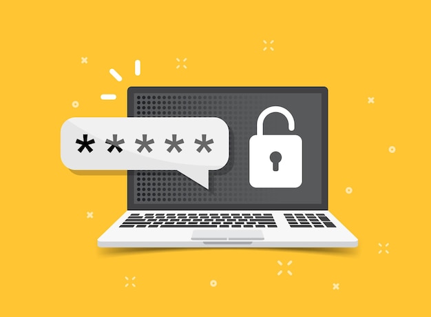 Laptop dengan ikon login akun dalam gaya datar. Ilustrasi vektor halaman formulir kata sandi di latar belakang terisolasi. Konsep bisnis tanda otorisasi pengguna