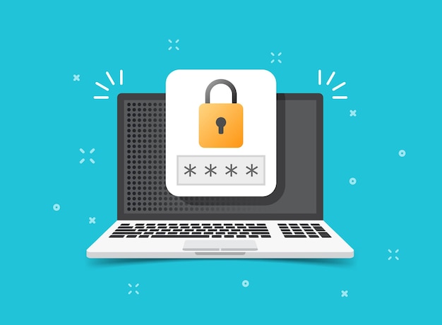 Laptop dengan ikon login akun dalam gaya datar. Ilustrasi vektor halaman formulir kata sandi di latar belakang terisolasi. Konsep bisnis tanda otorisasi pengguna