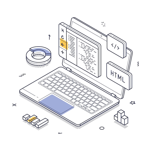 Laptop displaying HTML code with design elements workspace setup isometric line vector illustration