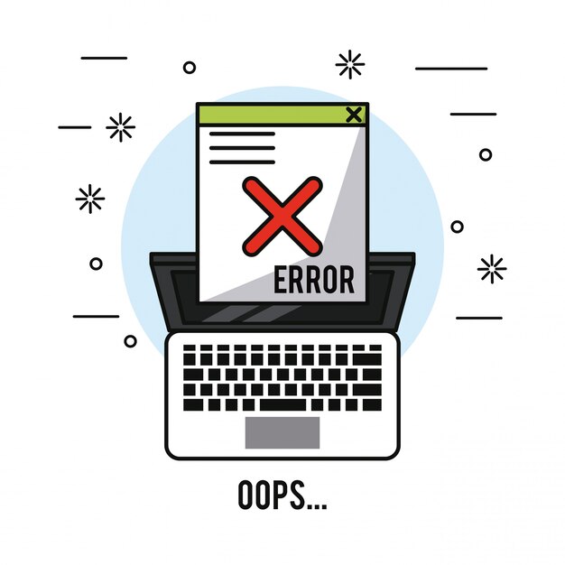 laptop in top view and window message error oops 