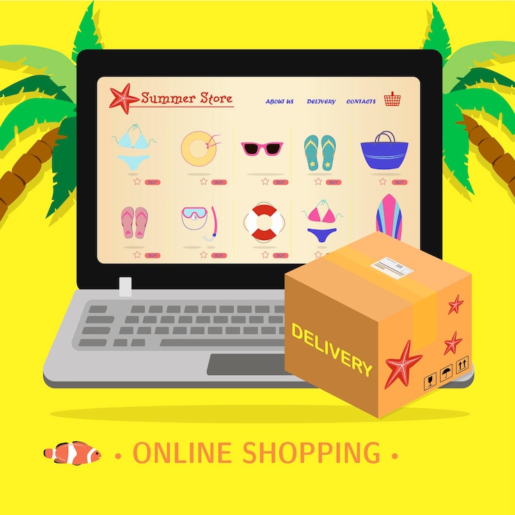Vector laptop screen with an online store of beach equipment surfing and sea recreation flat illustration