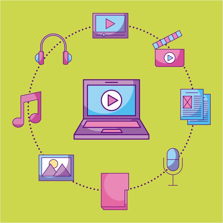 Vector laptop video movie music social media multimedia icons