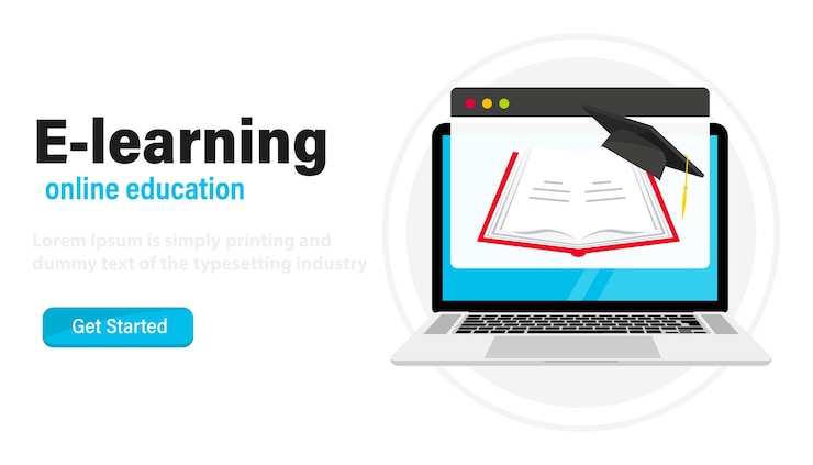 Vector laptop web page with open book and a graduation hat