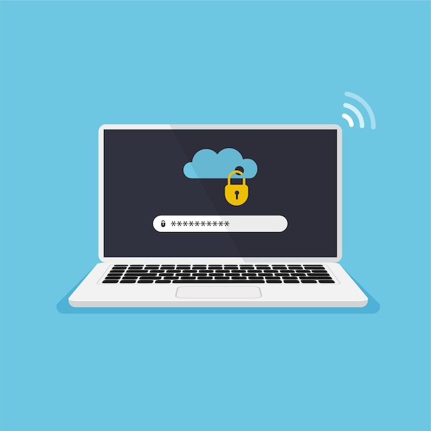 laptop with locked cloud storage on screen file protection entering password data security