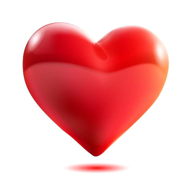 Large beautiful red heart with glares and soft shadow isolated on white background