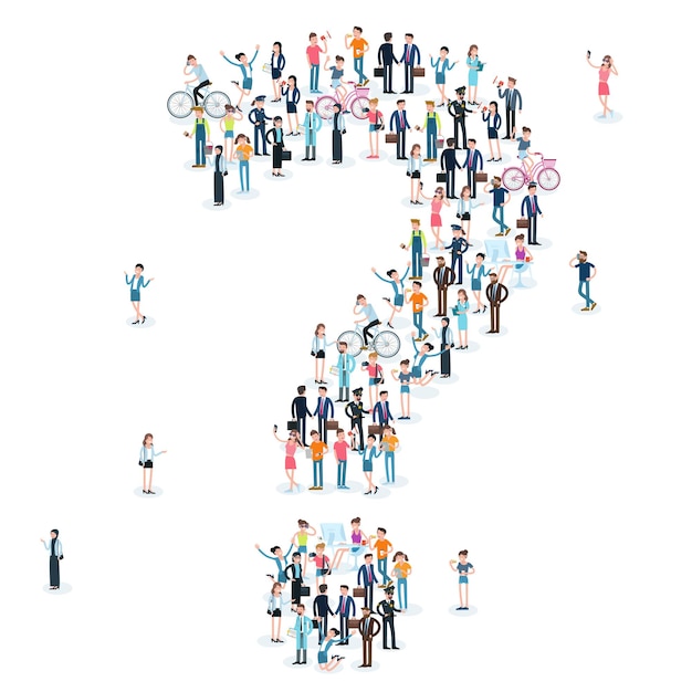 Large group of people Crowdig in the shape of the question mark